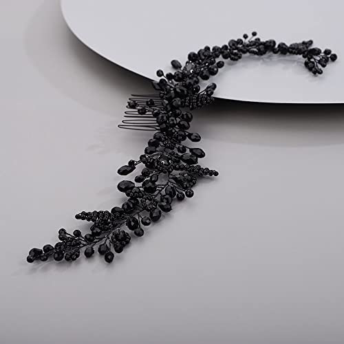Chargances Crystal Beaded Bridal Hair Vine Comb with Pearls, Black Rhinestone Handmade Headpiece for Wedding, Prom, Flower Girl - color: Black