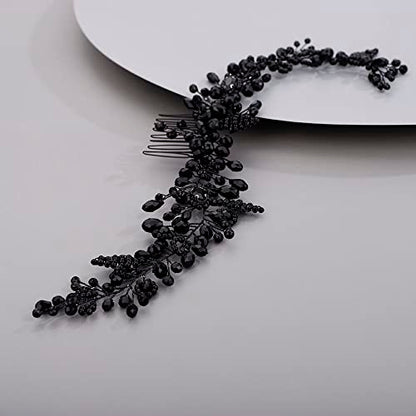Chargances Crystal Beaded Bridal Hair Vine Comb with Pearls, Black Rhinestone Handmade Headpiece for Wedding, Prom, Flower Girl - color: Black