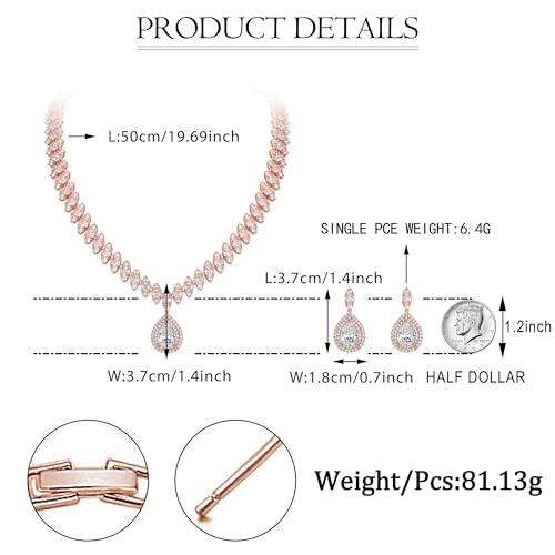 EVER FAITH CZ Marquise Leaf Teardrop Wedding Prom Jewelry Set for Women | Birthstone Pendant Necklace Dangle Earrings - color: Clear Rose Gold