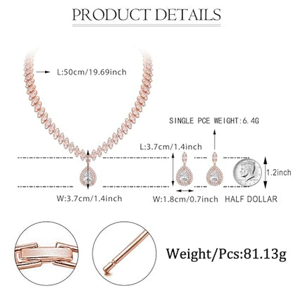 EVER FAITH CZ Marquise Leaf Teardrop Wedding Prom Jewelry Set for Women | Birthstone Pendant Necklace Dangle Earrings - color: Clear Rose Gold