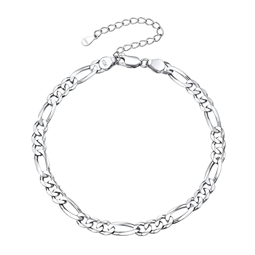 ChicSilver 925 Sterling Silver Ankle Bracelet for Women, Simple Cuban Link/Figaro/Twist Rope Chain Anklets for Beach Party(with Gift Box) - style: 02: Figaro Chain-5mm wide