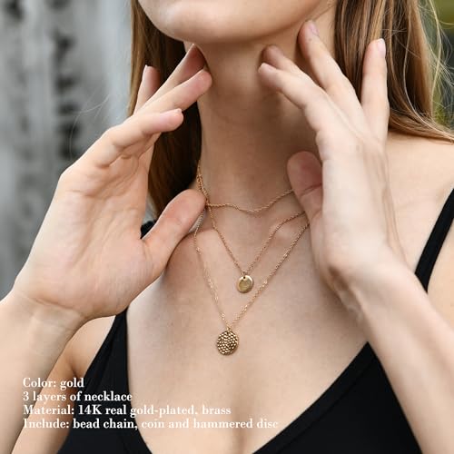 Layered Necklaces for Women - 14K Dainty Gold Plated Layering Chokers Necklaces Set Multilayer Delicate Necklace Trendy Adjustable Long Layered Necklaces for Women - style: 02 Gold-Plated Disc Necklace