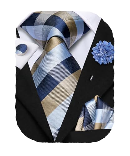 Hi-Tie Men's Silk Ties Formal Woven Classic Necktie Pocket Square Cufflinks Lapel Pin Set Wedding Business - color: A Navy Blue and Grey