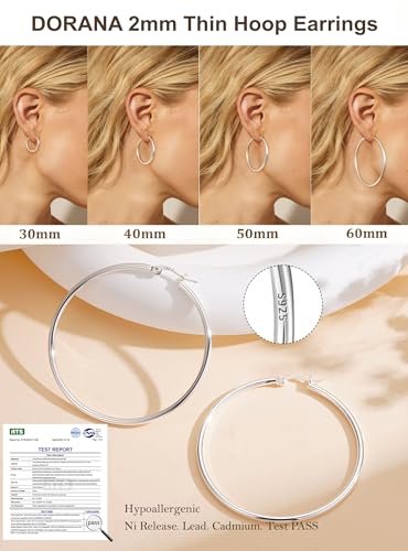 2mm Thin 14K Gold Plated Large S925 Sterling Silver Hoop Earrings for Women Hypoallergenic Big Hoop Non Tarnish Earrings Lightweight 20/30/40/50/60/70mm - color: Silver-50mm