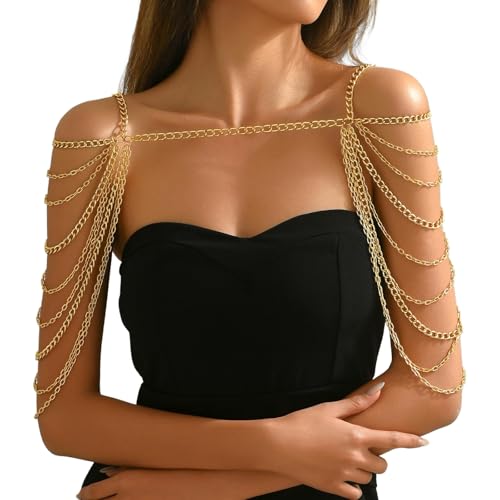 Gold Punk Shoulder Body Chain Jewelry Sexy Multi-layered Tassel Arm Chain Festival Rave Body Chain Summer Beach Back Chain Jewelry for Women Backless
