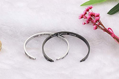 Inspirational Open Bracelet Cuff for Women Men Engraved Keep Fucking Going Bracelet Bangle Stainless Steel Arrow Bracelet Fashion Wristband Jewelry - color: D:Black/Keep Fucking Going