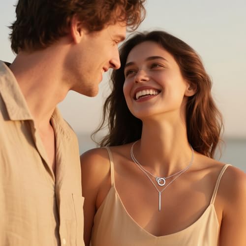 925 Sterling Silver Double Layer Vertical Bar Circle Necklace for Women, Minimalist Dainty Layered Pendant Chain Jewelry, Gift for Her