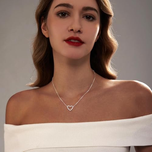 HERIER Cute Heart Necklace Dainty 18k Gold Plated Tiny Heart Pendant Choker Necklaces Small Gold Love Open Heart Chain Necklace for Women Simple Gold Necklace for Women Trendy Jewelry - color: CZ Open Heart Necklace-Silver