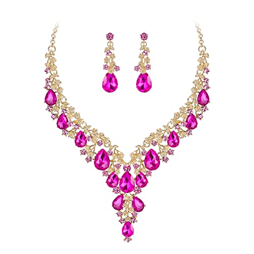 Wedding Bridal Necklace Earrings Jewelry Set for Women | Gorgeous Austrian Crystal Teardrop Flower Cluster for Bridal Bride Bridesmaid - color: 2Pcs-Hot Pink Gold-Tone