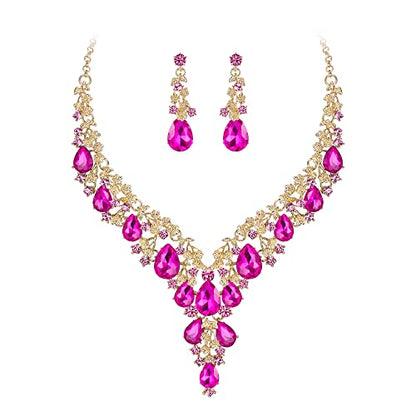 Wedding Bridal Necklace Earrings Jewelry Set for Women | Gorgeous Austrian Crystal Teardrop Flower Cluster for Bridal Bride Bridesmaid - color: 2Pcs-Hot Pink Gold-Tone