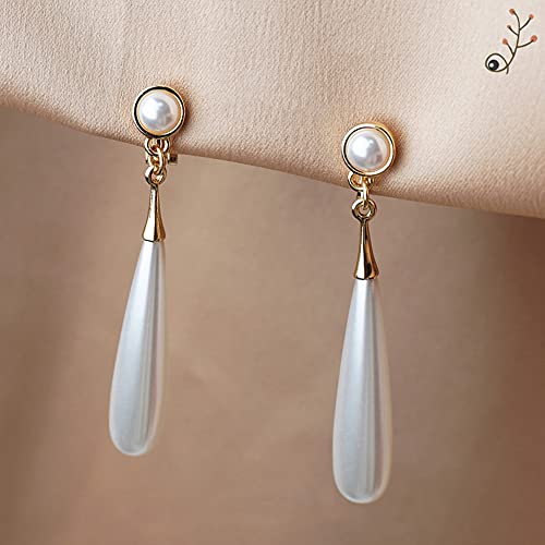 Pearl Clip on Earrings for Women Drop Clip Earrings for Women Gold Plated White Imitation Pearl Earrings Fashion - color: Long Pearl