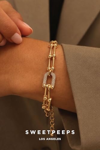 SWEET PEEPS 18K Gold Plated Paperclip Link Bracelet for Women, Pavé CZ Statement Bracelet