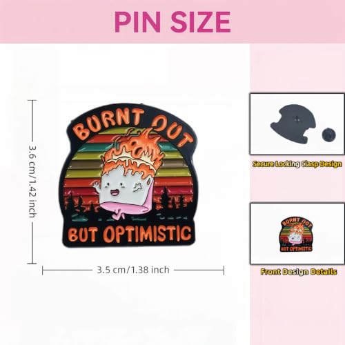 2PCS Burnt Out But Optimistic Retro Sunset Enamel Lapel Pin, Funny Quote Slogan Brooch, Positive inspirational Apparel Decor for Denim Jacket Backpack Baseball Cap Daily Casual Outfit Accessory