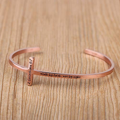 𝐂𝐫𝐨𝐬𝐬 𝐁𝐫𝐚𝐜𝐞𝐥𝐞𝐭 Religious Cuff Bangle 𝐁𝐢𝐛𝐥𝐞 𝐕𝐞𝐫𝐬𝐞 Christian Gifts Jewelry for 𝐖𝐨𝐦𝐞𝐧 - style: Rose gold-Walk by faith, not by sight -2 Corinthians 5:7