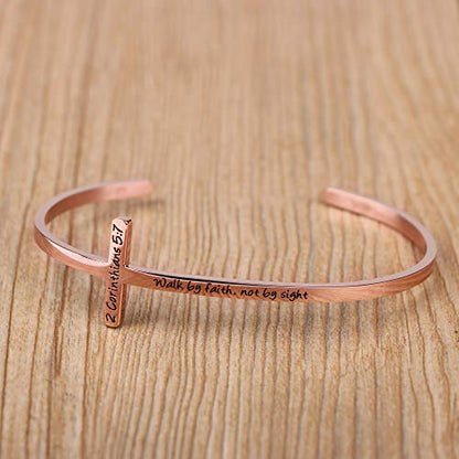 𝐂𝐫𝐨𝐬𝐬 𝐁𝐫𝐚𝐜𝐞𝐥𝐞𝐭 Religious Cuff Bangle 𝐁𝐢𝐛𝐥𝐞 𝐕𝐞𝐫𝐬𝐞 Christian Gifts Jewelry for 𝐖𝐨𝐦𝐞𝐧 - style: Rose gold-Walk by faith, not by sight -2 Corinthians 5:7