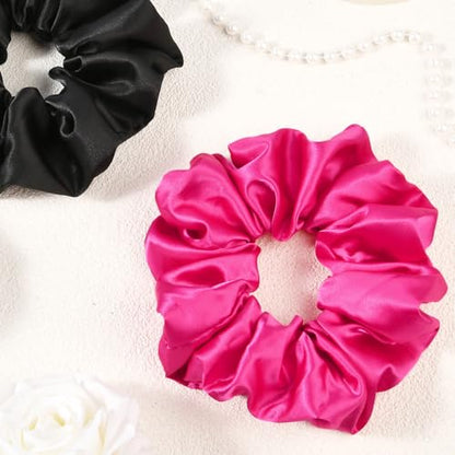 2 PCS Hot Pink Jumbo Satin Silky Scrunchies 6.5 Inches Oversized Scrunchie Extra Large Big Hair Ties Ponytail Holder for Thick Curly Hair Women (Black, Hot Pink) - color: Black, Hot Pink