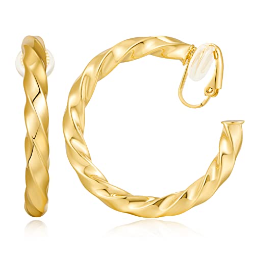 WOWORAMA Chunky Gold Hoop Clip On Earrings for Women | Large Chunky Hoops Clips Earrings, Polished Gold-Plated Clip-On Hoops, Statement Non Pierced Jewelry - color: 40mm Twisted Hoops