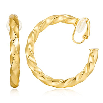 WOWORAMA Chunky Gold Hoop Clip On Earrings for Women | Large Chunky Hoops Clips Earrings, Polished Gold-Plated Clip-On Hoops, Statement Non Pierced Jewelry - color: 40mm Twisted Hoops