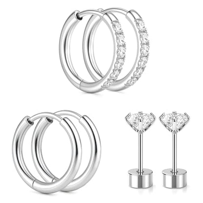 Silver/Gold Stud Hoop Earrings:Hypoallergenic Surgical Stainless Steel Small Cartilage Huggie Hoop Earrings Flat Back Earrings Screw Back and Flatback Stud Earrings for Women Multiple Piercing Sensitive Ears - style: Silver-(6mm+8mm)hoop earrings+4mm cz s