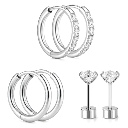 Silver/Gold Stud Hoop Earrings:Hypoallergenic Surgical Stainless Steel Small Cartilage Huggie Hoop Earrings Flat Back Earrings Screw Back and Flatback Stud Earrings for Women Multiple Piercing Sensitive Ears - style: Silver-(8mm+10mm)hoop earrings+4mm cz