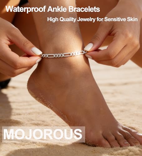 Waterproof Anklet 18K Gold/Sterlings Silver Plated Stainless Steel Ankle Bracelets for Women Figaro Pearls Chain Summer Beach Foot Jewelry 8.5+2Inches - color: Figaro,Silver