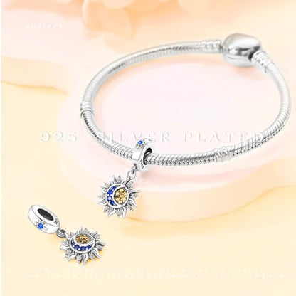 925 Sterling Silver Charms Bead for Bracelets Necklaces, Star Moon Crescent Sun Solar Pendent, Blue Ocean Starfish Shells Turtle Crab Starry Sea Cute Jewelry Birthday Gifts for Women Men - style: Sun Moon Star