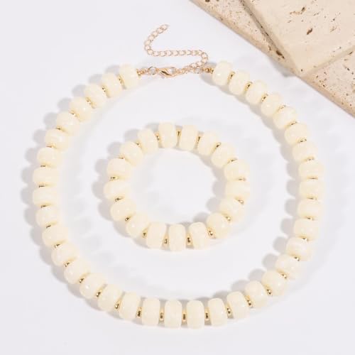 KOSMOS-LI Colorful Beaded Necklace for Women Unique Resin Beads Choker Necklaces Boho Statement Chunky Necklace Summer Vacation Jewelry - color: white