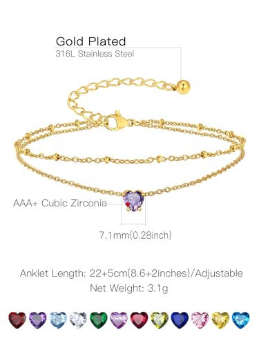 Suplight Gold Plated Butterfly Anklets for Women Waterproof, Layered Boho Ankle Bracelet with Birthstone, Stainless Steel Adjustable Non-Tarnish Heart Foot Jewelry Beach Vacation - color: 05. Heart-May. Emerald