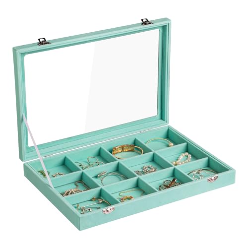 Frebeauty 12 Grid Bracelet Holder Box,Velvet Jewelry Tray with Clear Lid | Real Glass Lid,Bracelet Display,Jewelry Organizer for Bangle Brooch,Adjustable Divider,Dustproof Design,13.8×9.5Inches - color: Turquoise, size: 12 Grid