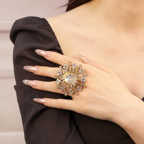 Elegant Big Crystal Ring for Women Gold Stacking Pearl Rhinestone Flower Rings Open Finger Adjustable Crystal Statement Ring Jewelry for Bridal Wedding - color: Crystal 6-gold