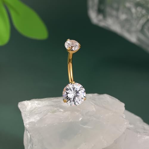 FUNLMO 14G Belly Button Ring Titanium Belly Button Piercing Belly Ring Internally Threaded Navel Piercing Jewelry - color: Gold-Clear CZ