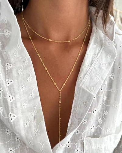 Lariat Necklace for Women, Dainty Long Necklaces, 14k Gold/Silver Plated Y-Shaped Drop Chain Necklace, Simple Layered Necklaces, Trendy Jewelry Gifts - style: Y Layered Bead Necklace-Gold