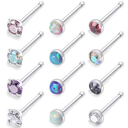 18G 20G 22G Nose Rings Studs 316L Surgical Steel Straight Screw L Shaped Nose Studs for Women Men CZ Opal Size 1.5mm 2mm 2.5mm 3mm - color: 20G-Straight-Opal/CZ 3mm