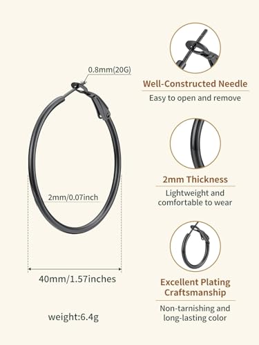 FindChic Thin Hoop Earrings for Women,Silver/Black/Gold Plated 20-100mm - color: Black, size: 40mm