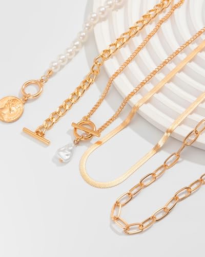 Gold Layered Necklaces for Women Chunky Layered Gold Necklaces Stacked Paperclip Chain Pearl Necklace Herringbone Toggle Clasp Choker Trendy Statement Jewelry Gifts - color: A8:chunky gold necklaces