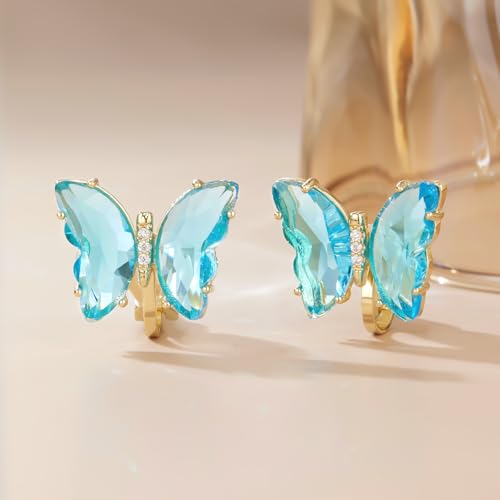 YOQUCOL Butterfly Shape Crystal Clip On Earrings Non Pierced Golden Stud for Women - color: Light Blue