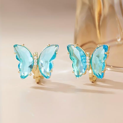 YOQUCOL Butterfly Shape Crystal Clip On Earrings Non Pierced Golden Stud for Women - color: Light Blue