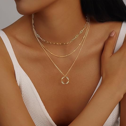 Evabelle Gold Layered Necklace for Women Trendy Jewelry 14K Real Gold Plated Chunky Chain Stackable Necklaces Dainty Choker Necklaces Rectangle Square Pendant - color: Gold Necklace 09