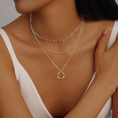 Evabelle Gold Layered Necklace for Women Trendy Jewelry 14K Real Gold Plated Chunky Chain Stackable Necklaces Dainty Choker Necklaces Rectangle Square Pendant - color: Gold Necklace 09