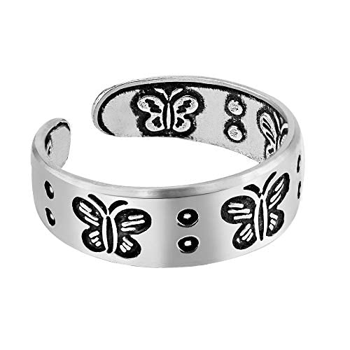 AeraVida .925 Sterling Silver Adjustable Toe Ring or Pinky Ring 5mm Wide Open Band, Stackable Minimalist Summer Foot Jewelry | Sun Moon Star Turtle Butterfly Leaf Olive Branch Ocean Wave Yin Yang Design - style: Butterfly