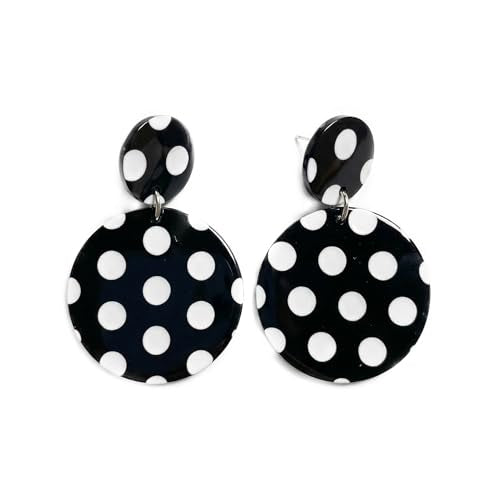 Gorgeous Black And White Earrings - Stylish Polka Dot Earrings. Beautiful Acrylic Dangle Drops, Lightweight Retro Geometric Jewelry To Elevate Daily Outfits Smoothly.