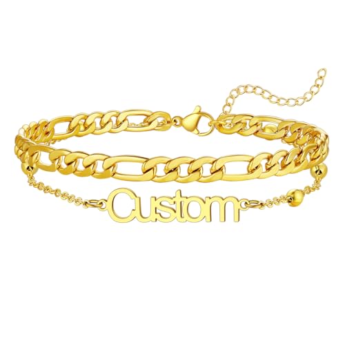 U7 Custom Layered Ankle Bracelets for Women Stainless Steel Bead/Cuban/Figaro/Rope/Wheat Chain Anklet Waterproof Anklet Jewelry for Beach Vacation - color: a-Gold Plated-Figaro Chain