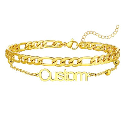 U7 Custom Layered Ankle Bracelets for Women Stainless Steel Bead/Cuban/Figaro/Rope/Wheat Chain Anklet Waterproof Anklet Jewelry for Beach Vacation - color: a-Gold Plated-Figaro Chain