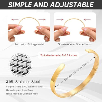 Stainless Steel Mens Cuff Bracelet : Minimal Cool Silver/Black/Gold Plated Open Metal Cuff Bangle Bracelets for Men,Mens Bracelet Jewelry Gift - color: Gold Plated-Single, size: Large( fit 7" to 8.5" wrist)