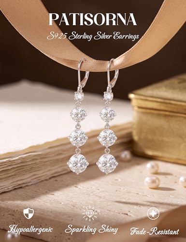 PATISORNA 925 Sterling Silver Dangle Earrings for Women Trendy Hypoallergenic White Gold Plated Leverback Drop Earrings Long Lightweight Statement Earring for Wedding Brides - color: Round