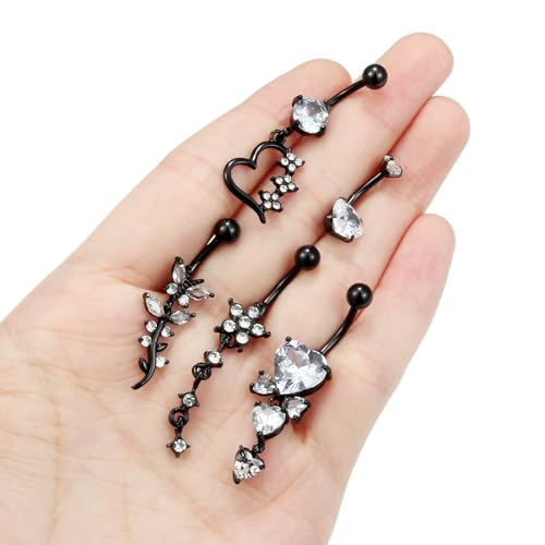 Vsnnsns 14G Dangle Belly Button Ring Piercing Jewelry 316L Stainless Surgical Steel Navel Rings Cubic Zirconia Heart Flower CZ Dangling Belly Button Ring Piercing Jewelry for Women 14 Gauge - color: Black-Clear CZ