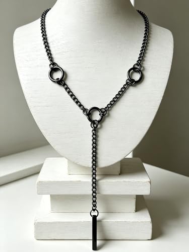 MIFYNN Heart O ring Slip Chain Necklaces for Women Stainless Steel Cuban Chain Bar Necklace Punk Rock Collar Necklace Handmade Adjustable Lariat Y Necklaces for Men - color: Black bar+3 rings