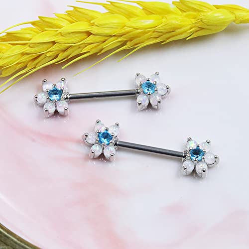 14G Opal Flower CZ Nipple Barbell Nipple Ring Piercing Jewelry for Women - color: silver blue