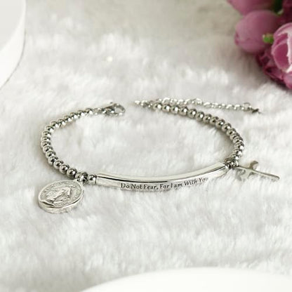 DS Inspirational Bracelet for Women Christian Engraved Bibler Verse Cross Butterfly Daisies Charm Bracelet, Exquisite Stainless Steel Jewelry Daughter Best Friend Bestie - style: Do not fear for,I am with you-Silver