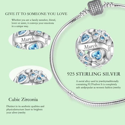 925 Sterling Silver Lucky Clover Birthstone Charms for Bracelets Dangle Pendant with 5A Cubic Zirconia Compatible Pandora Bracelets, Ladies Birthday Gift - style: 3-March